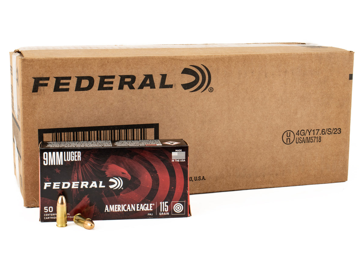 Federal 9mm Ammunition American Eagle 115 Grain FMJ 1000rd in 50rd Boxes