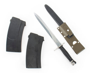 Two Swiss PE57/STG57 24rd Magazines & One M57 Bayonet with Scabbard and Vinyl Frog Sheath