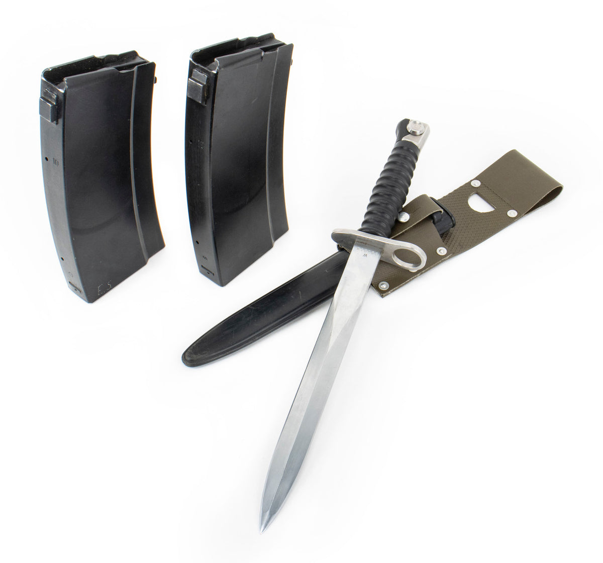 Two Swiss PE57/STG57 24rd Magazines & One M57 Bayonet with Scabbard and Vinyl Frog Sheath