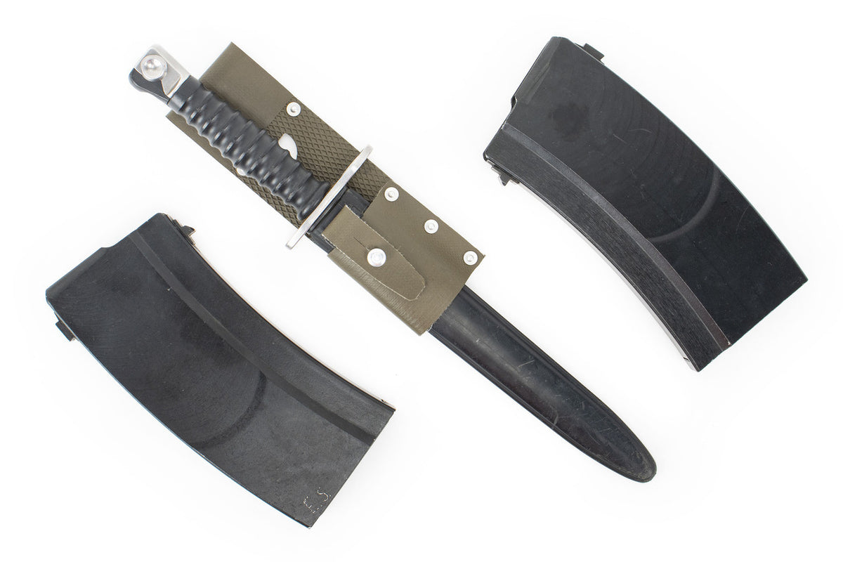 Two Swiss PE57/STG57 24rd Magazines & One M57 Bayonet with Scabbard and Vinyl Frog Sheath