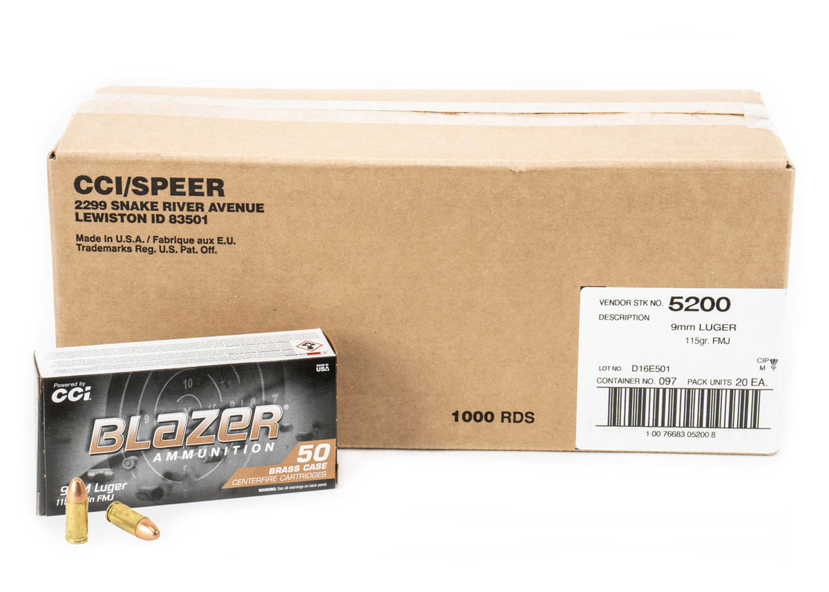CCI BLAZER BRASS 9mm 115 GR FMJ 1000RD CASE CCI5200