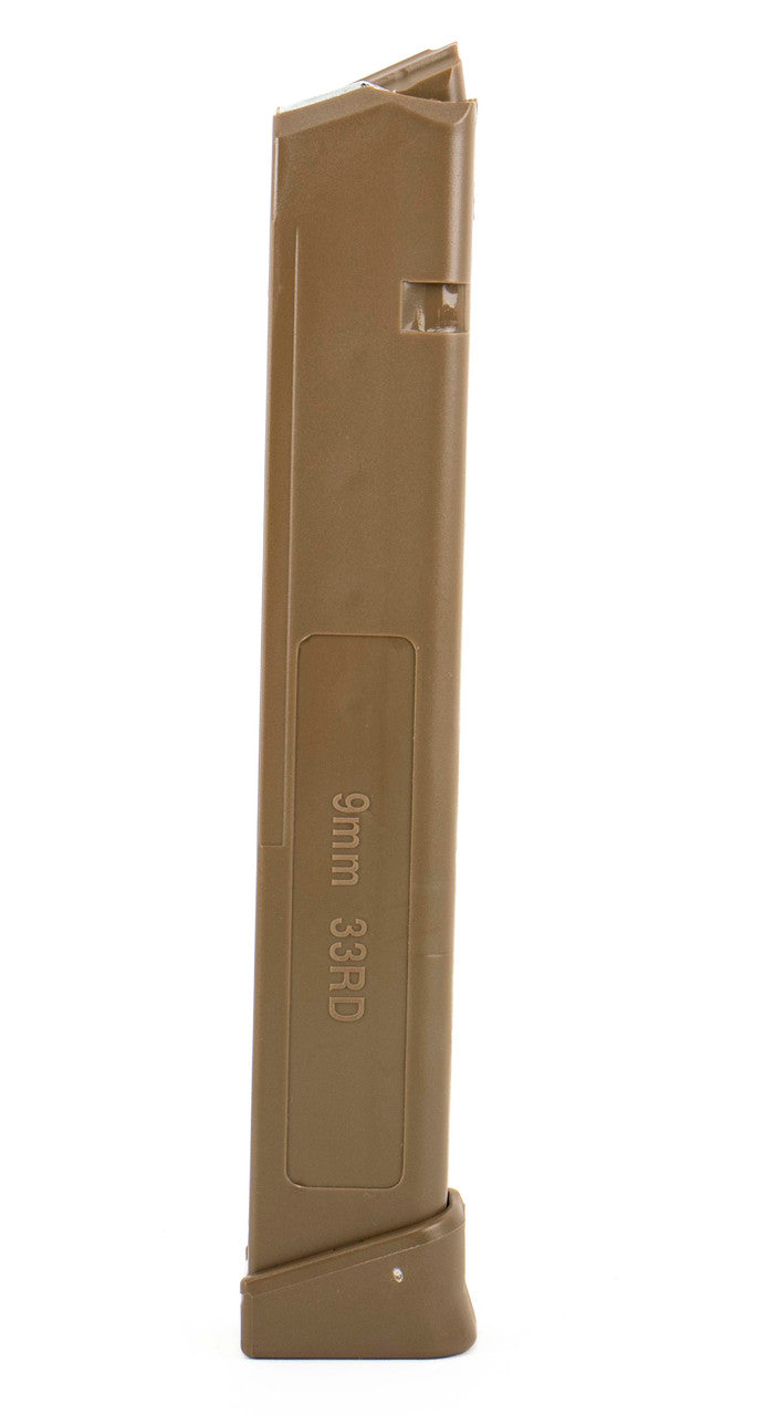 Glock Compatible 9mm 33rd FLAT DARK EARTH (FDE) Reinforced Steel Lined Polymer Magazine