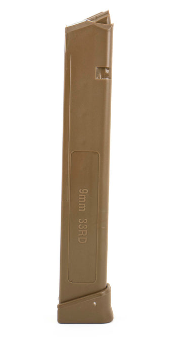 Glock Compatible 9mm 33rd FLAT DARK EARTH (FDE) Reinforced Steel Lined Polymer Magazine