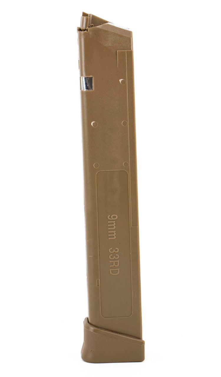 Glock Compatible 9mm 33rd FLAT DARK EARTH (FDE) Reinforced Steel Lined Polymer Magazine