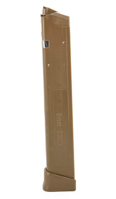 Glock Compatible 9mm 33rd FLAT DARK EARTH (FDE) Reinforced Steel Lined Polymer Magazine