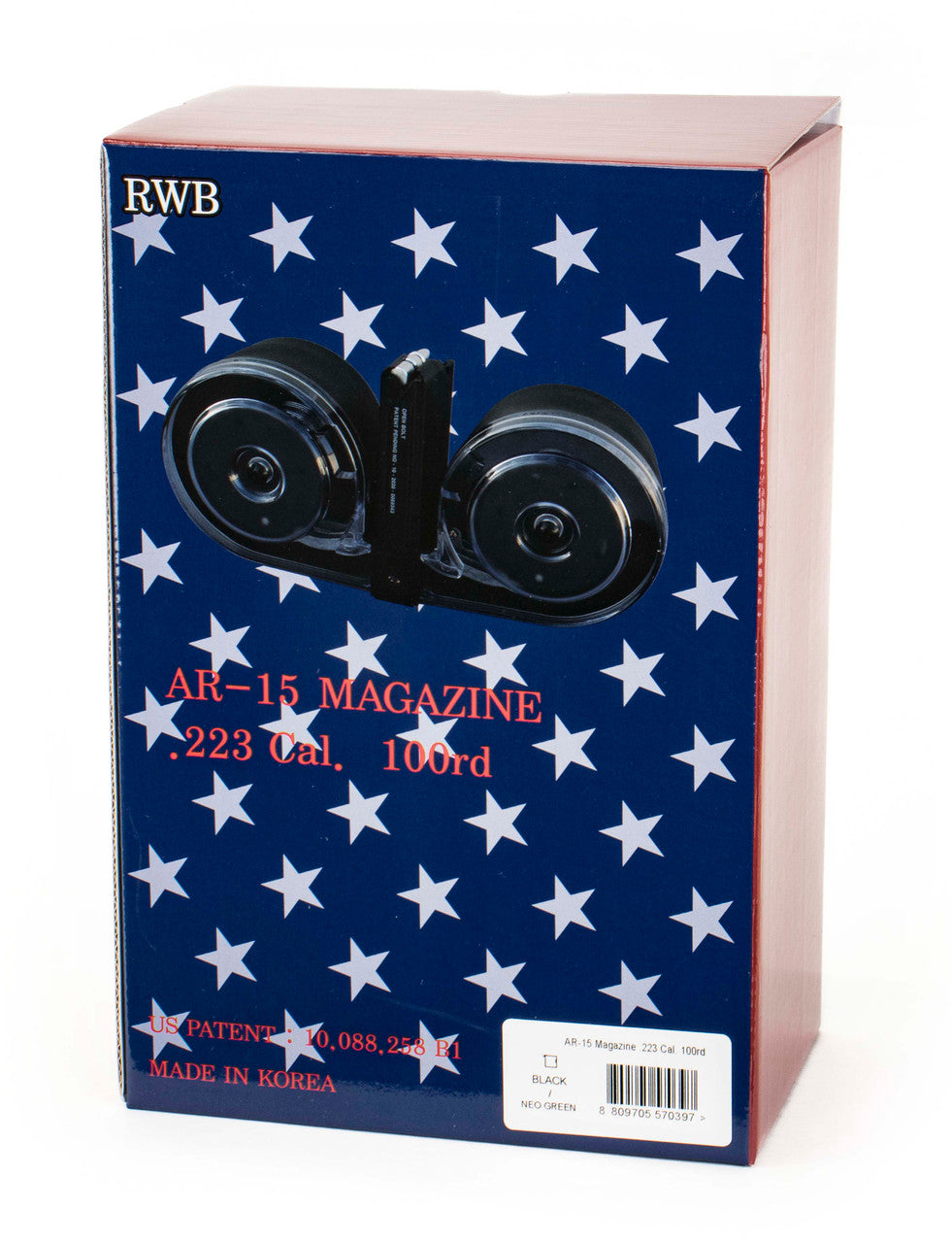 RWB AR-15  100rd Dual Drum Magazine .223 w/Reinforced Feed Lips - Black/Neon Green