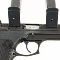 Close-up view of Star Model 30M pistol front sight and barrel