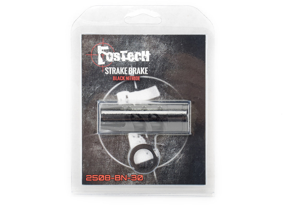FOSTECH 30 CAL. STRAKE BRAKE FOR AR-15 IN BLACK NITRIDE. MUZZLE DEVICE DESIGNED TO MITIGATE RECOIL AND MUZZLE RISE.