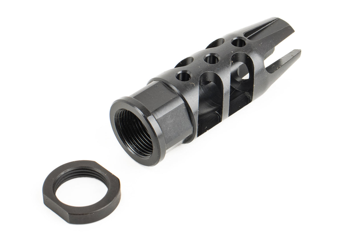 FOSTECH 30 CAL. STRAKE BRAKE FOR AR-15 IN BLACK NITRIDE. MUZZLE DEVICE DESIGNED TO MITIGATE RECOIL AND MUZZLE RISE.