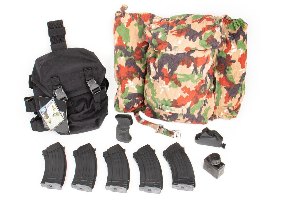 AK-47 Essential Bundle - 5x 20rd Mags, Loader, Mag Release, Pistol Grip & More in Camo Rucksack