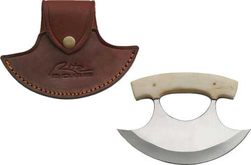 SZCO Rite Edge 6" Bone Handle Ulu Fixed Blade Knife w/ Leather Sheath