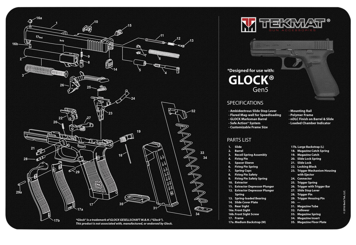 TekMat Armorers Bench Mat 11" x 17" Glock Gen 5 Black - Parts Diagram