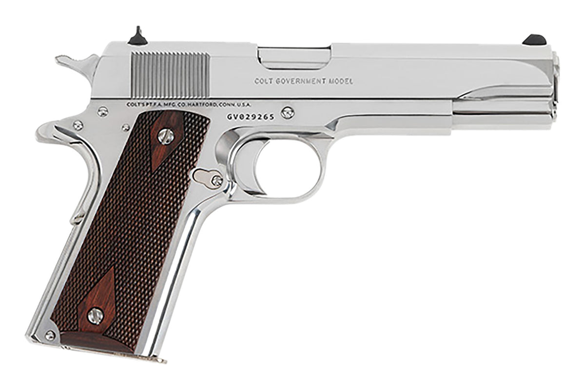 Colt Mfg 1911 Government 38 Super 5" 9+1 Semi-Auto Pistol - Bright Stainless Rosewood