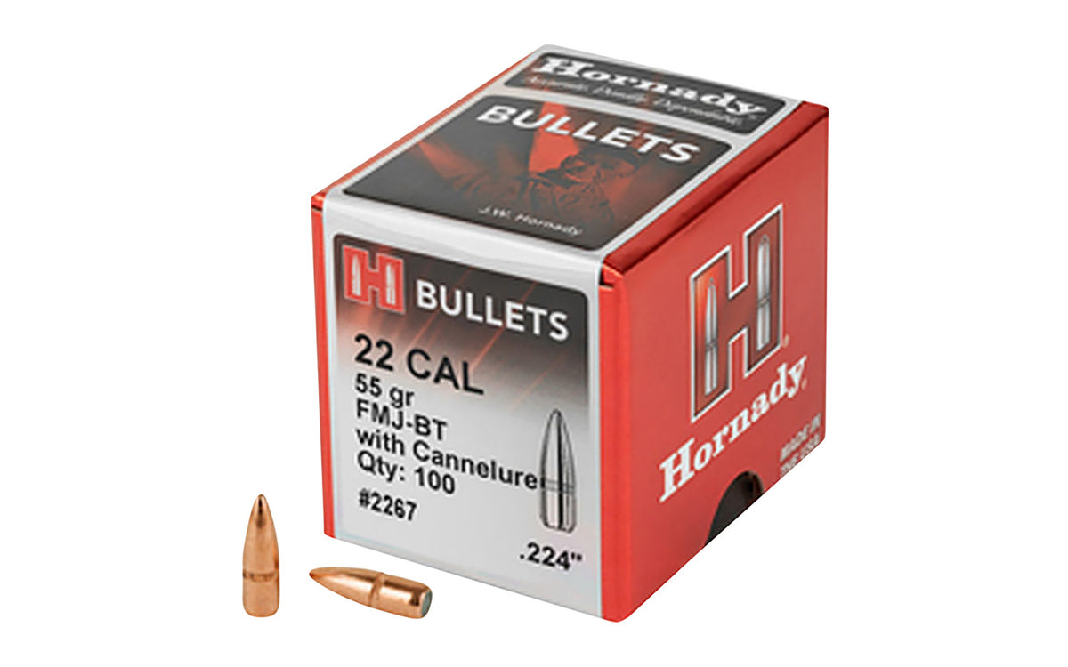 Hornady FMJ-BT .22 Cal .224 55gr Full Metal Jacket Boat-Tail Bullets w/Cannelure - 100/Box