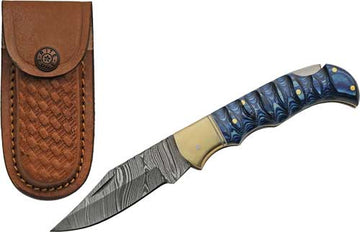 SZCO Rite Edge 3" Blue Grooved Wood Damascus Lockback Folding Knife w/ Sheath