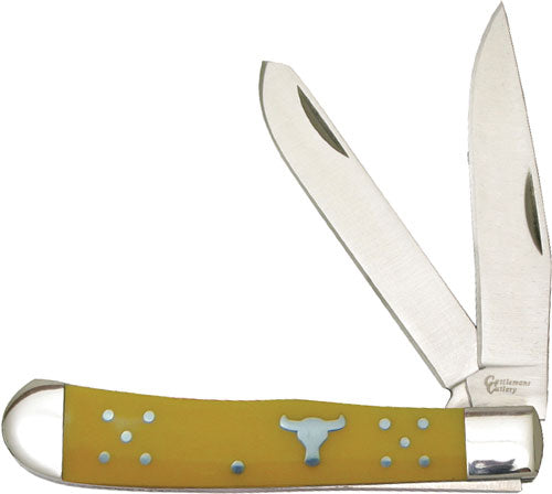 American Buffalo Knife & Tool Cattleman's Cutlery Trapper 3.25" Yellow Delrin 2-Blade Folding Knife