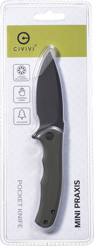 Civivi Knives Mini Praxis 2.98" Drop Point Plain Black Stonewashed D2 - OD Green G10 Flipper
