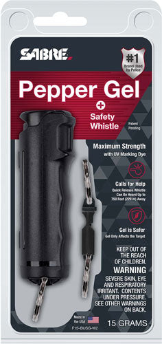 Sabre Pepper Gel w/Quick Release Whistle Keychain .54 oz 25 Bursts 12 ft Black