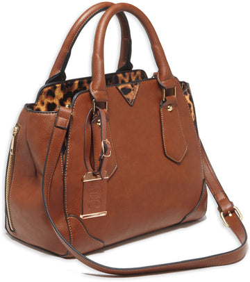 Bulldog BDP024 Satchel Concealed Carry Purse Chestnut w/Leopard Trim