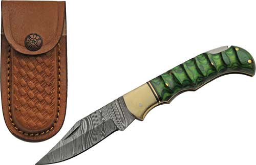 SZCO Rite Edge Damascus Lockback 3" Green Grooved Wood Folding Knife