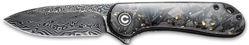 Civivi Knives Elementum 2.96" Folding Damascus Drop Point - Shredded Carbon Fiber / Gold Damascus Handle
