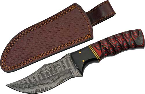 SZCO Rite Edge 4" Buffalo Horn / Twisted Wood Damascus Fixed Blade Knife w/ Sheath