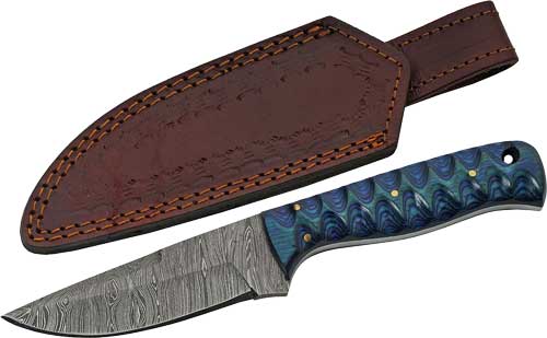 SZCO Rite Edge 4" Blue Twisted Wood Hunter Damascus Fixed Blade Knife w/ Sheath