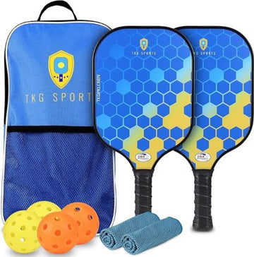 TKG Sports Carbon Fiber Pickleball Set w/ Carry Bag - 2 Paddles, 14mm Core, 4 Balls, 2 Cooling Towels