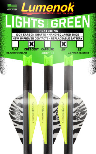 Lumenok Xbow Arrow 20" Carbon Green Lighted Crescent Nock 3-Pack