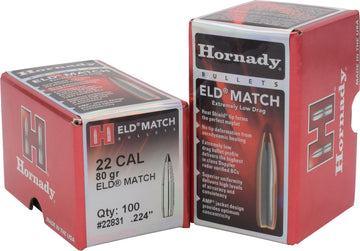 Hornady ELD-M .224 22 Cal 80gr Match Reloading Bullets - 100/Box