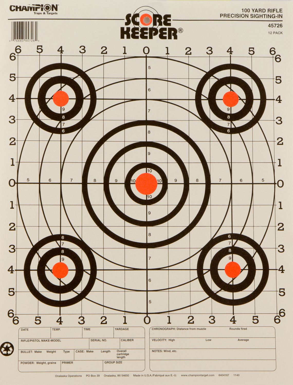 Champion Score Keeper 100yd Sight-In Orange/Black Paper Target 14x18" 12 Pack