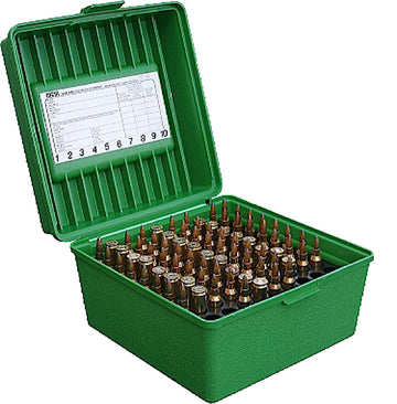 MTM Case-Gard R-100 Deluxe Rifle Ammo Box 100 Rds 22-250 to 375 H&H Green