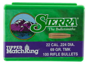Sierra Bullets Tipped MatchKing .22 Cal .224 69gr HPBT - 100 Count