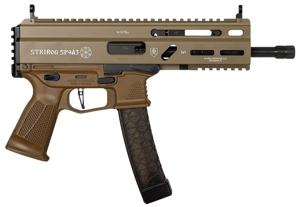 Global Ordnance Grand Power Stribog SP9A3 9mm 8" 30+1 Semi-Auto Pistol - Flat Dark Earth