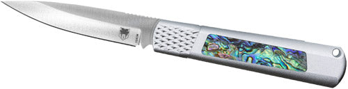 CobraTec Knives Gideon Hidden Release 3" 154CM Satin Plain Edge Aluminum Handle w/ Abalone Inserts