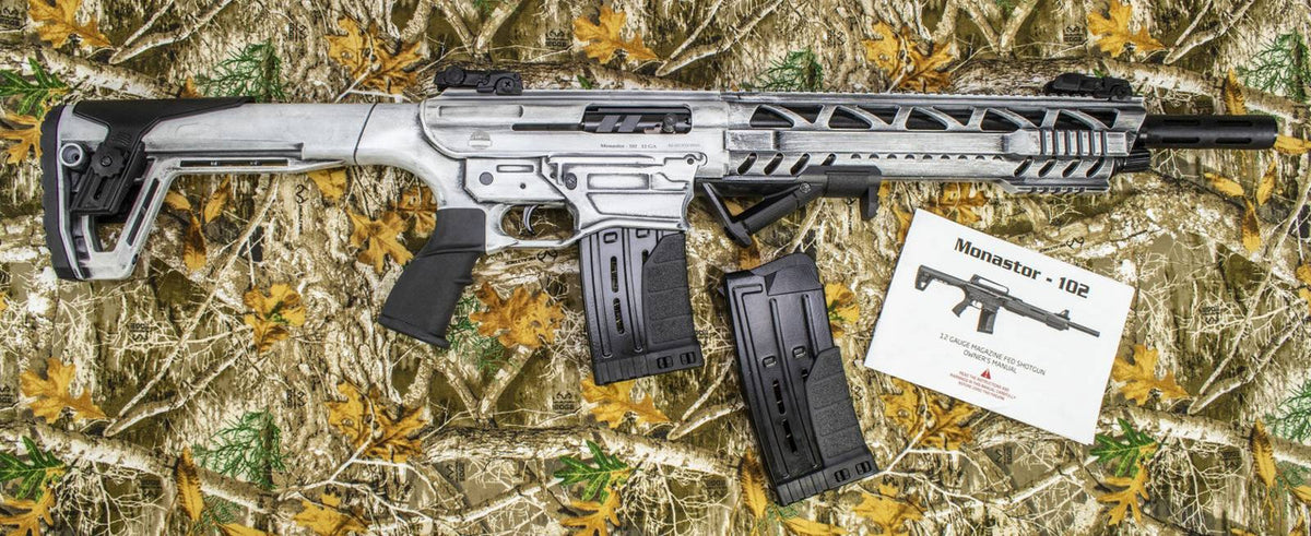 Monastor 102, 12ga Battle Worn White Semi Auto Shotgun 12ga