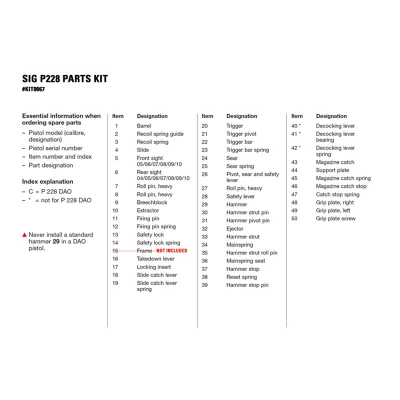 Sig Sauer P228 9mm Parts Kit - Used Condition
