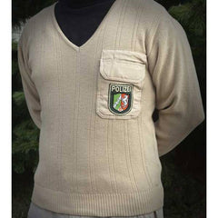 German Khaki Police V Neck Sweater with Breast Pocket - Extra Large - Used
