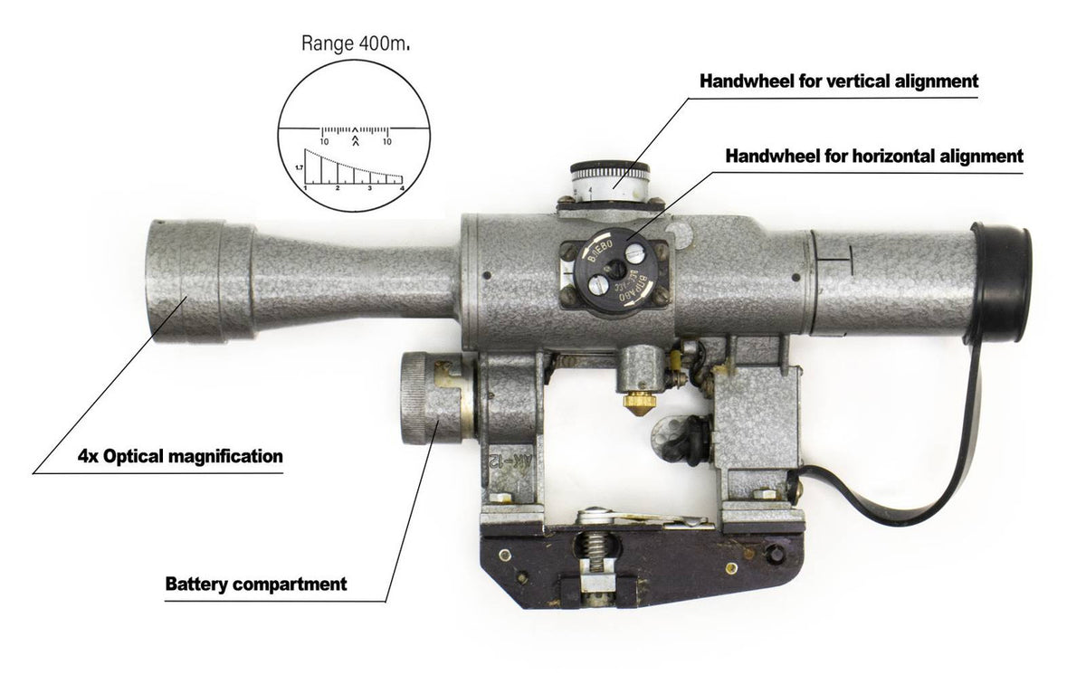 SVD Dragunov Scope 4x24 POSP- 400m Range Finding Reticule Calibrated For 1.7m Height - Red Illuminated Reticle
