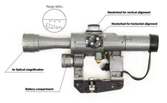 SVD Dragunov Scope 4x24 POSP- 400m Range Finding Reticule Calibrated For 1.7m Height - Red Illuminated Reticle