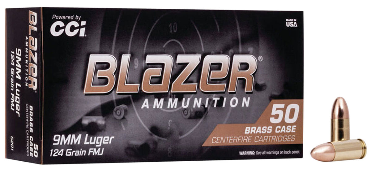 CCI 5201 Blazer Brass 9mm Luger 124 gr Full Metal Jacket (FMJ) 50rds