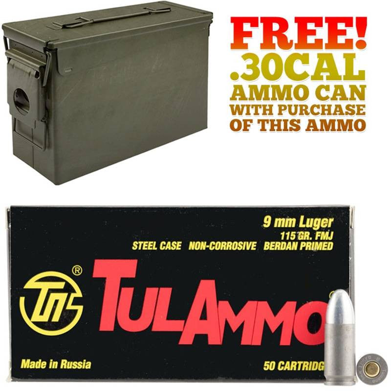 600rds Tulammo 9MM Luger 115gr FMJ with FREE! Ammo Can