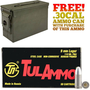 600rds Tulammo 9MM Luger 115gr FMJ with FREE! Ammo Can
