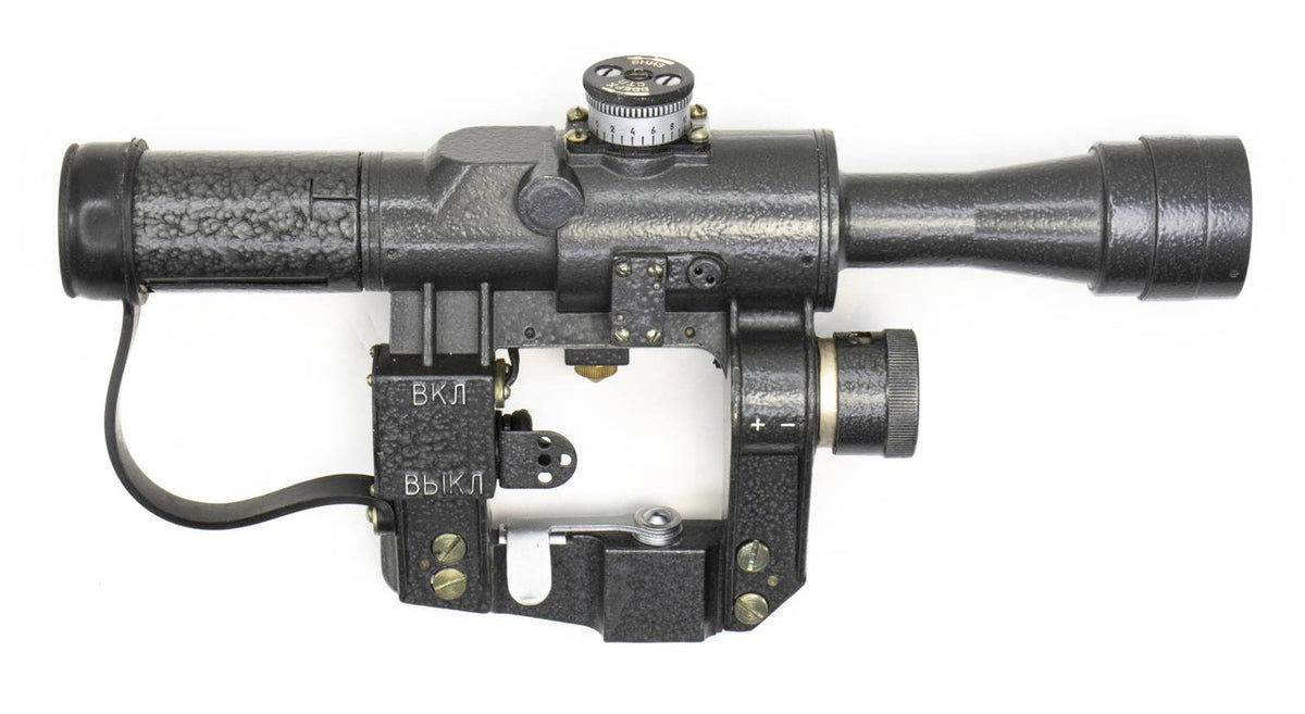 SVD Dragunov Scope 4x24 POSP - 400m Range Finding Reticule Calibrated For 1.7m Height- Red Illuminated Reticle