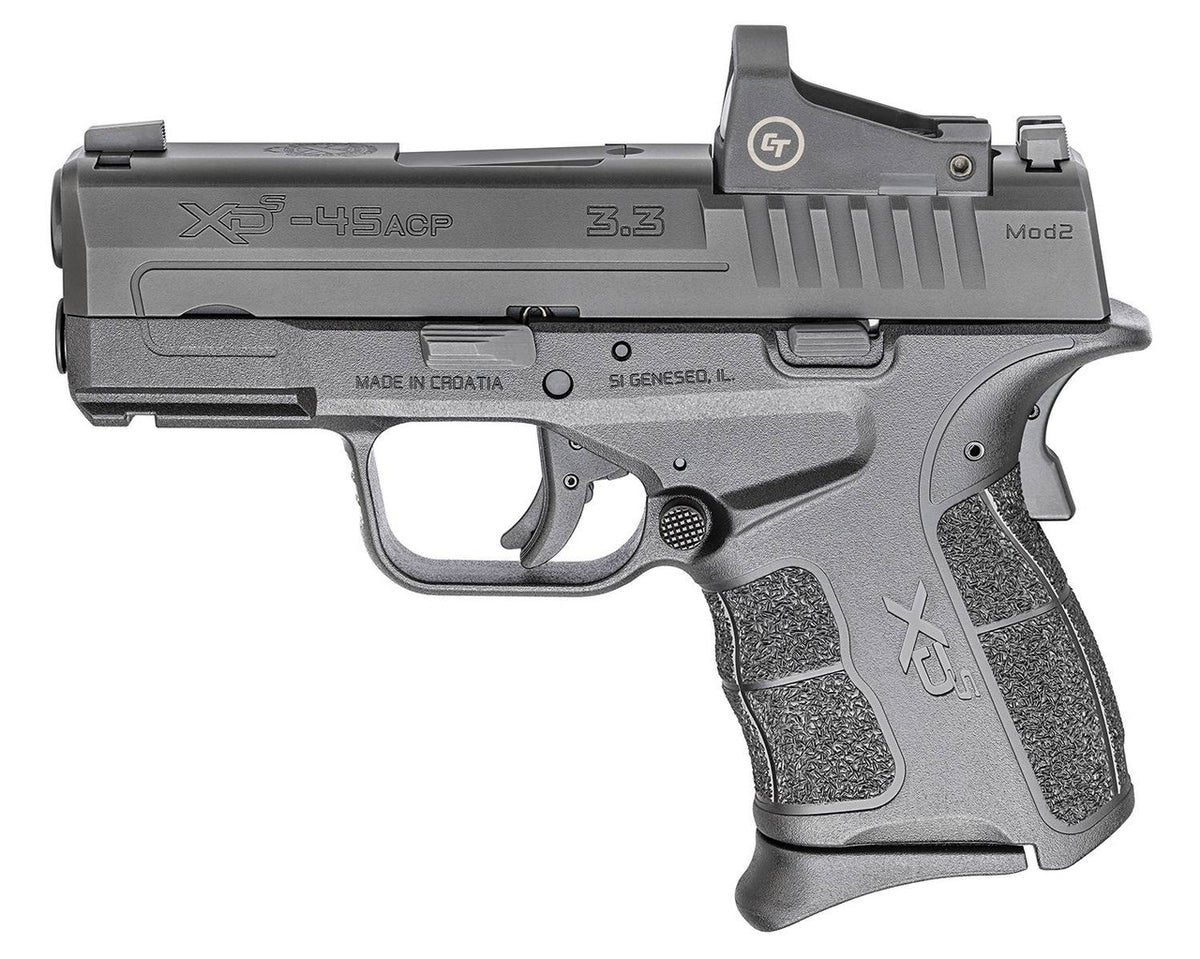 Springfield Armory XDSG93345BCT XD-S Mod.2 OSP 45 ACP 3.30 5+1, 6+1 Railed Black Frame Black Melonite Steel with Optic Cut Slide Enhanced Textured Black Polymer Grip Includes 2 Mags & Crimson Trace Red Dot