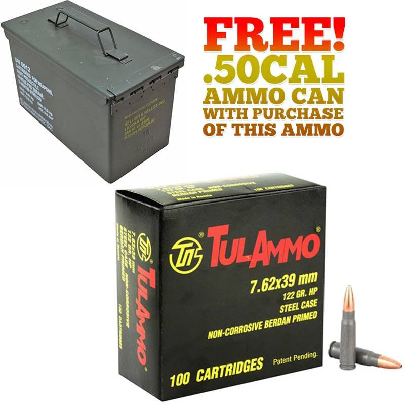 400rds Tulammo 7.62x39mm 122gr HP with FREE! Ammo Can