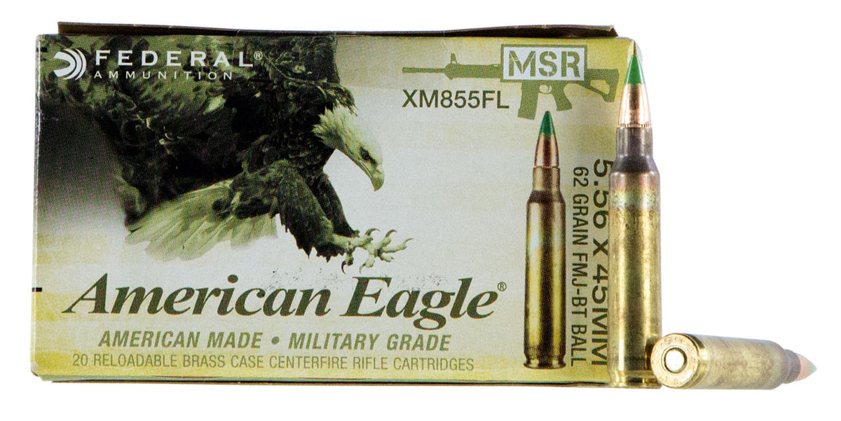 Federal XM855FL American Eagle XM 5.56x45mm NATO 62 gr Full Metal Jacket Boat Tail (FMJBT) 20 Bx/ 25 Cs
