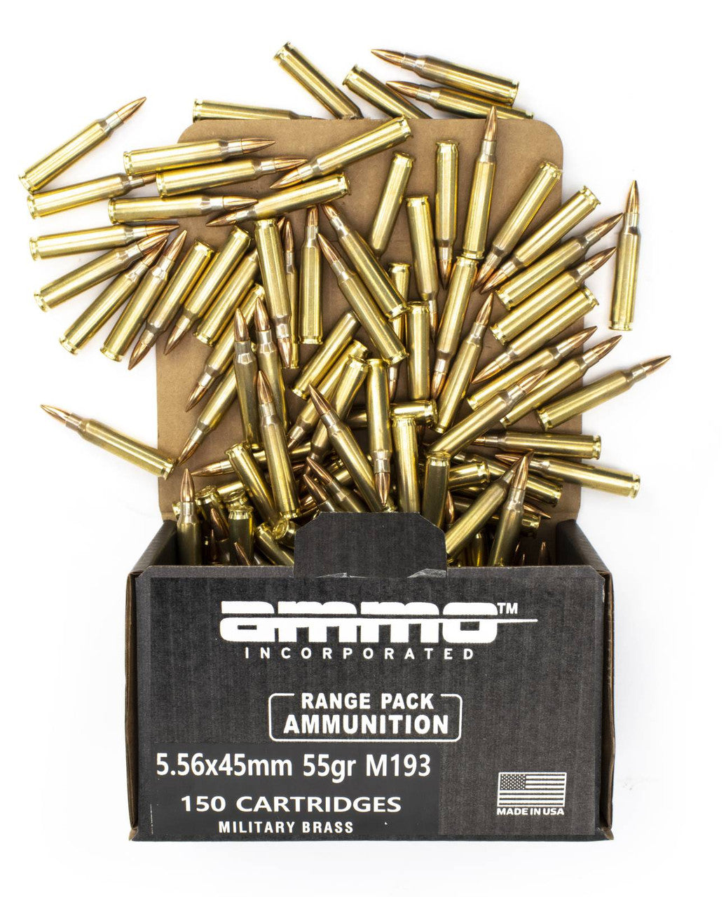 Ammo Inc 5.56x45mm Ammunition  55 Grain M193 Full Metal Jacket Military Brass Range Pack 150 Rounds AI556055FMJ-MS150