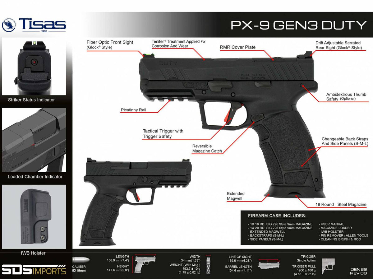 SDS Imports PX-9 Gen 3 9mm Luger 4.11 20+1,18+1 Black Cerakote Steel Slide with RMR Optic Cut Black Polymer Frame/Interchangeable Backstrap Grip Fiber Optic Sights Right Hand Includes Case