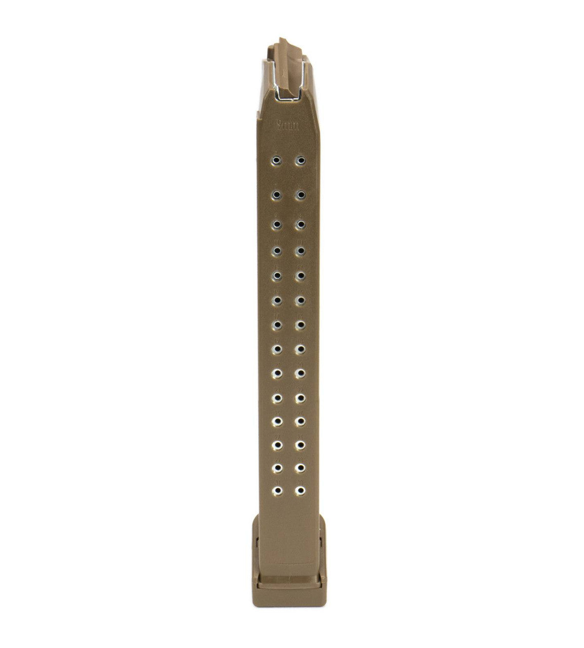 Glock Compatible 9mm 33rd FLAT DARK EARTH (FDE) Reinforced Steel Lined Polymer Magazine